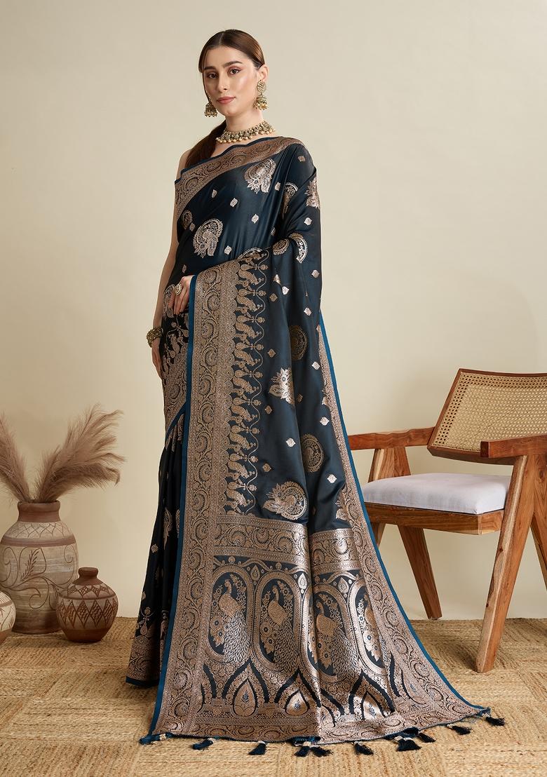 Black Zari Work Silk Blend Saree Set - Indya