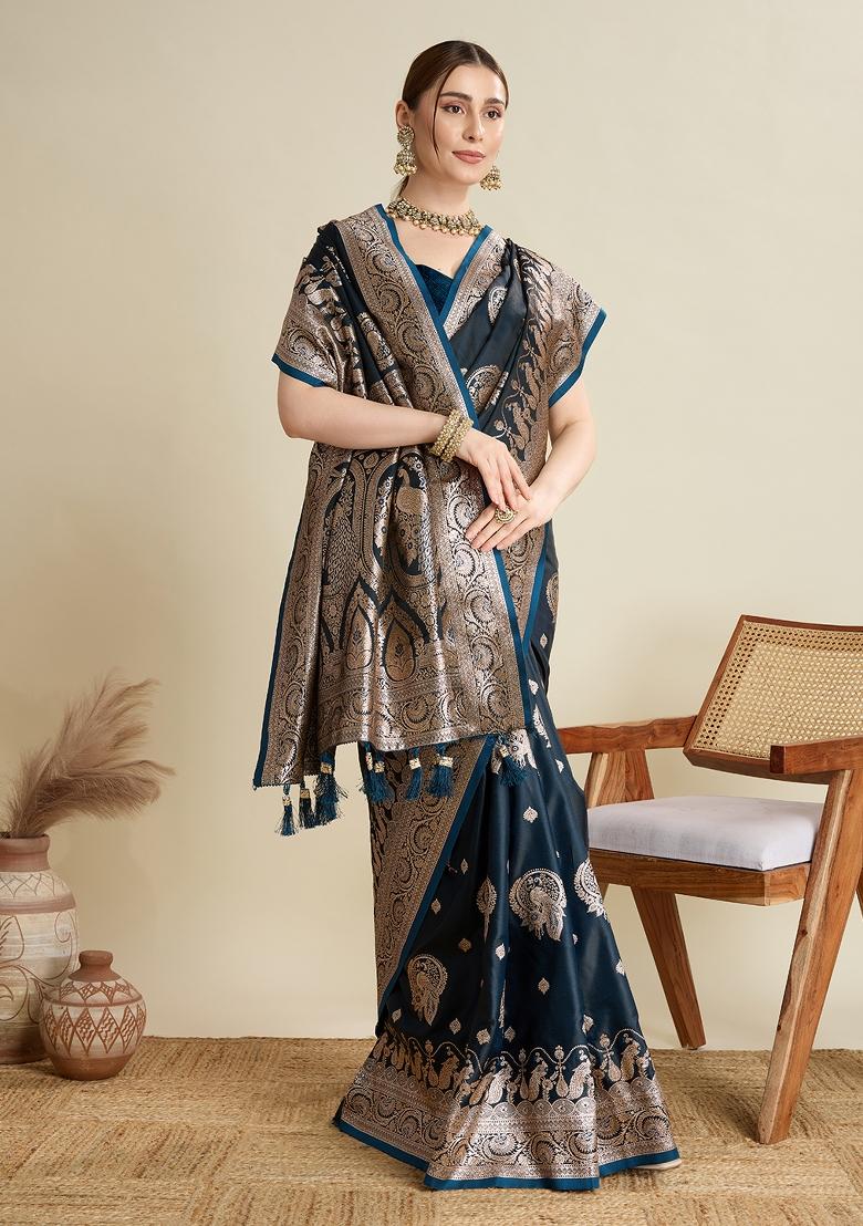 Black Zari Work Silk Blend Saree Set - Indya