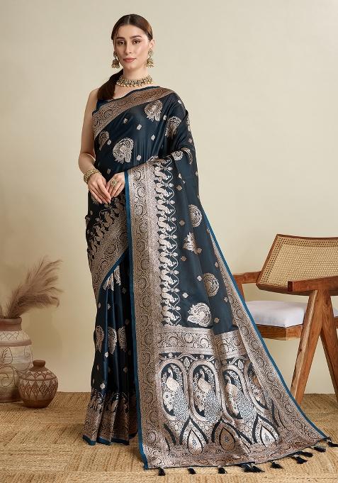 Black Zari Work Silk Blend Saree Set