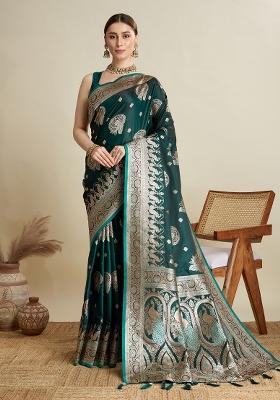 Green Zari Work Silk Blend Saree Set
