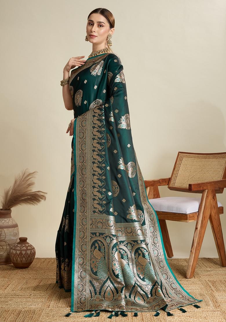 Green Zari Work Silk Blend Saree Set - Indya