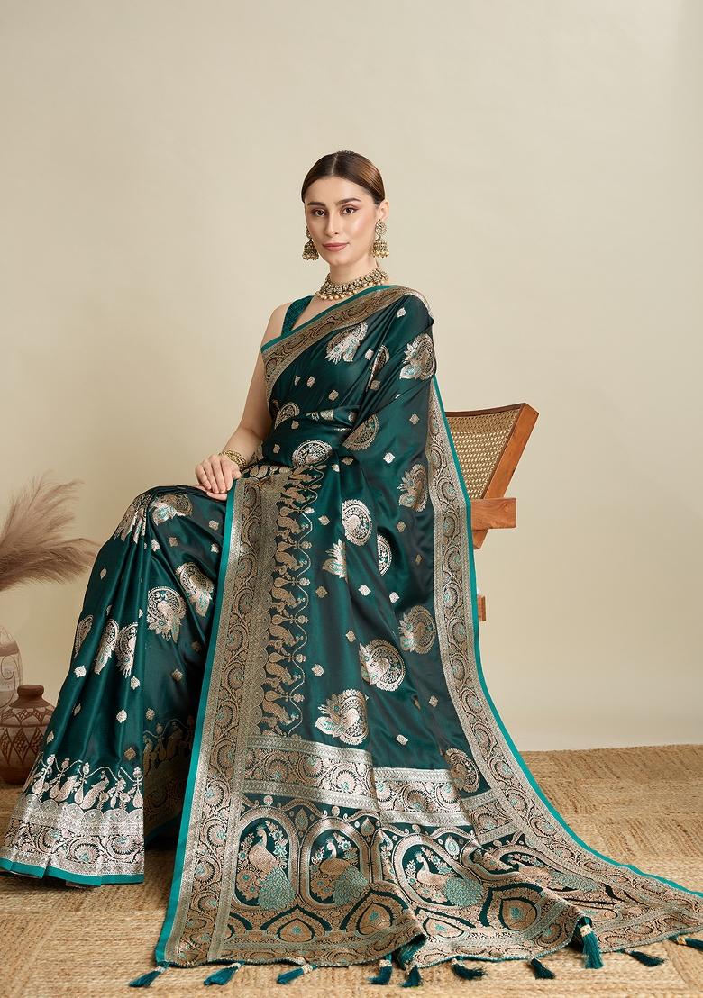 Green Zari Work Silk Blend Saree Set - Indya