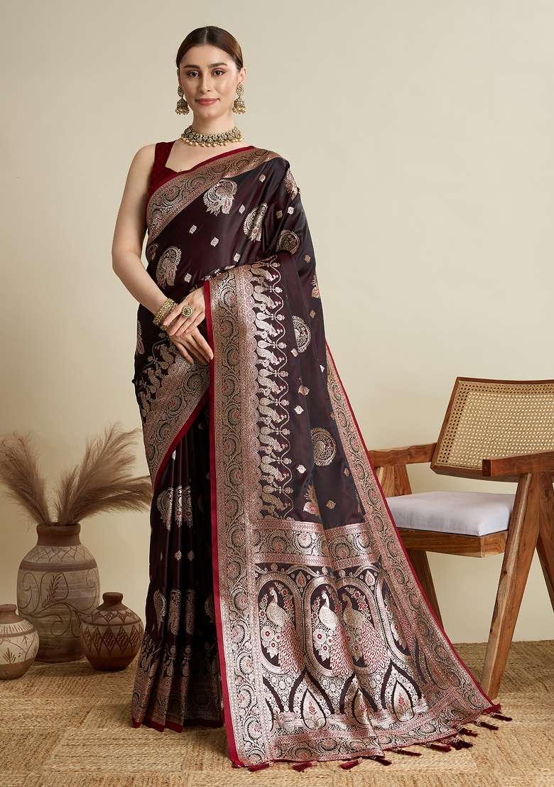Maroon Silk Blend Saree Set with Zari Work for Diwali | Wedding & Festive Wear - Indya