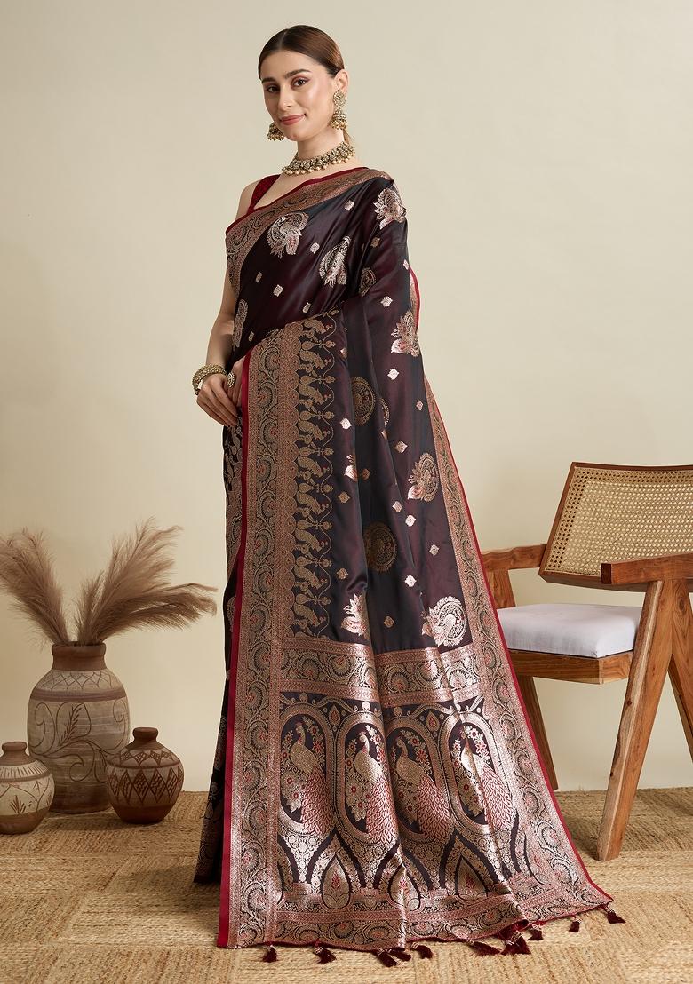 Maroon Zari Work Silk Blend Saree Set - Indya