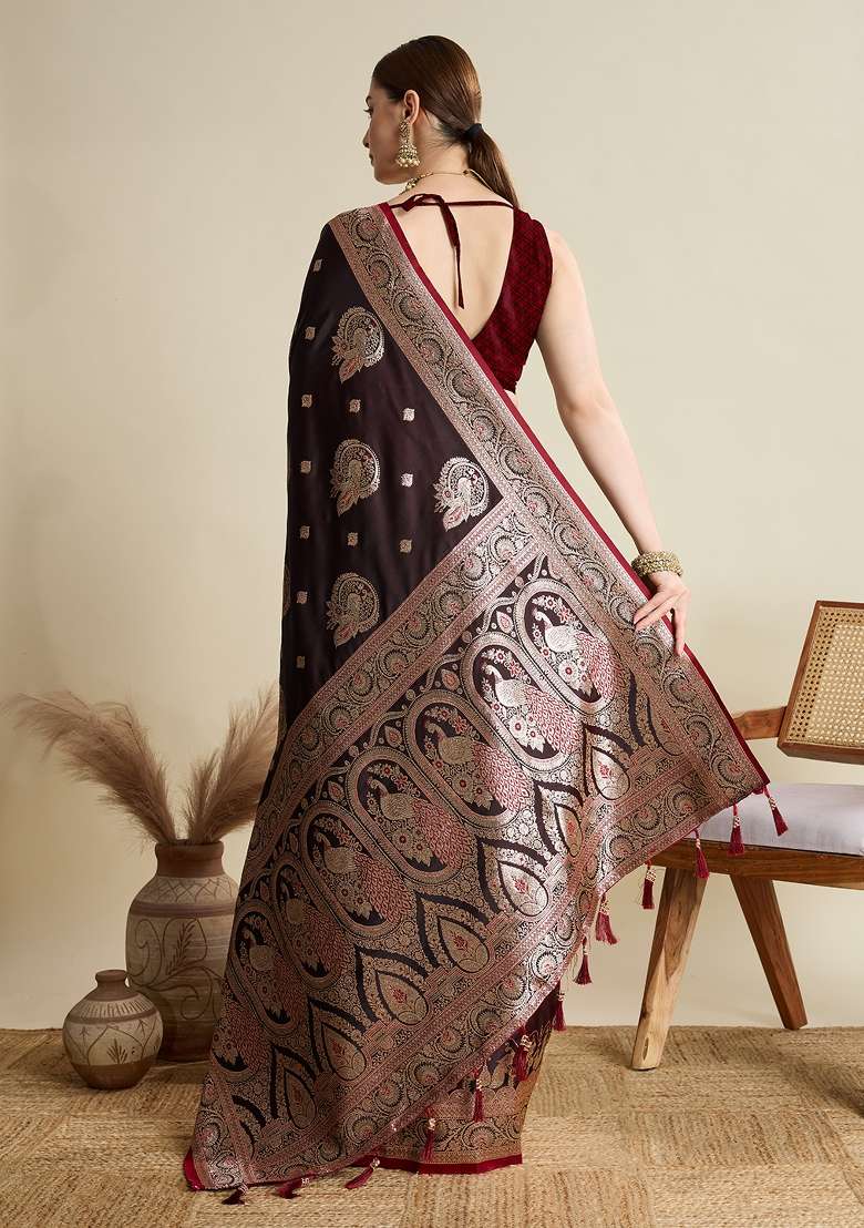 Maroon Silk Blend Saree Set with Zari Work for Diwali | Wedding & Festive Wear - Indya