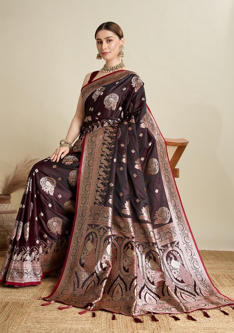 Maroon Zari Work Silk Blend Saree Set - Indya