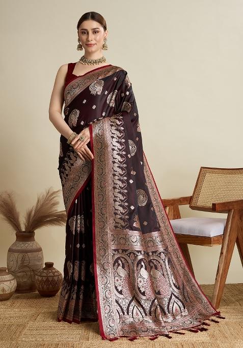 Maroon Zari Work Silk Saree Set