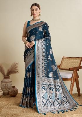 Teal Zari Work Silk Blend Saree Set