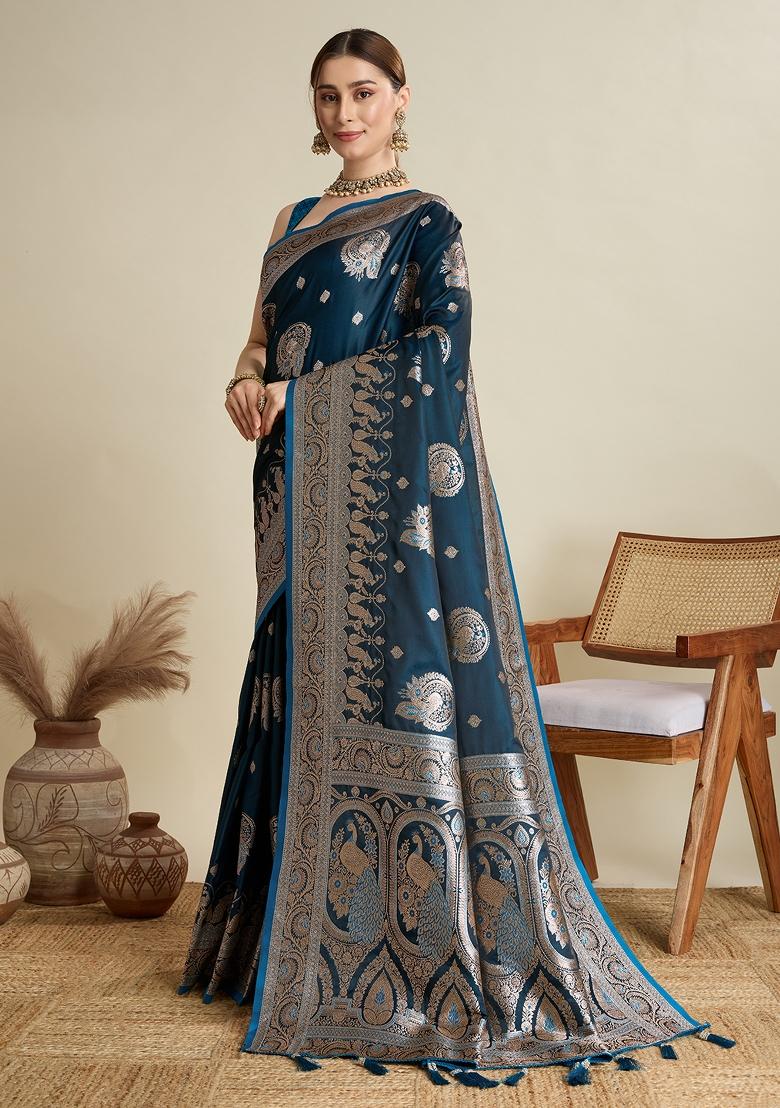 Teal Zari Work Silk Blend Saree Set - Indya