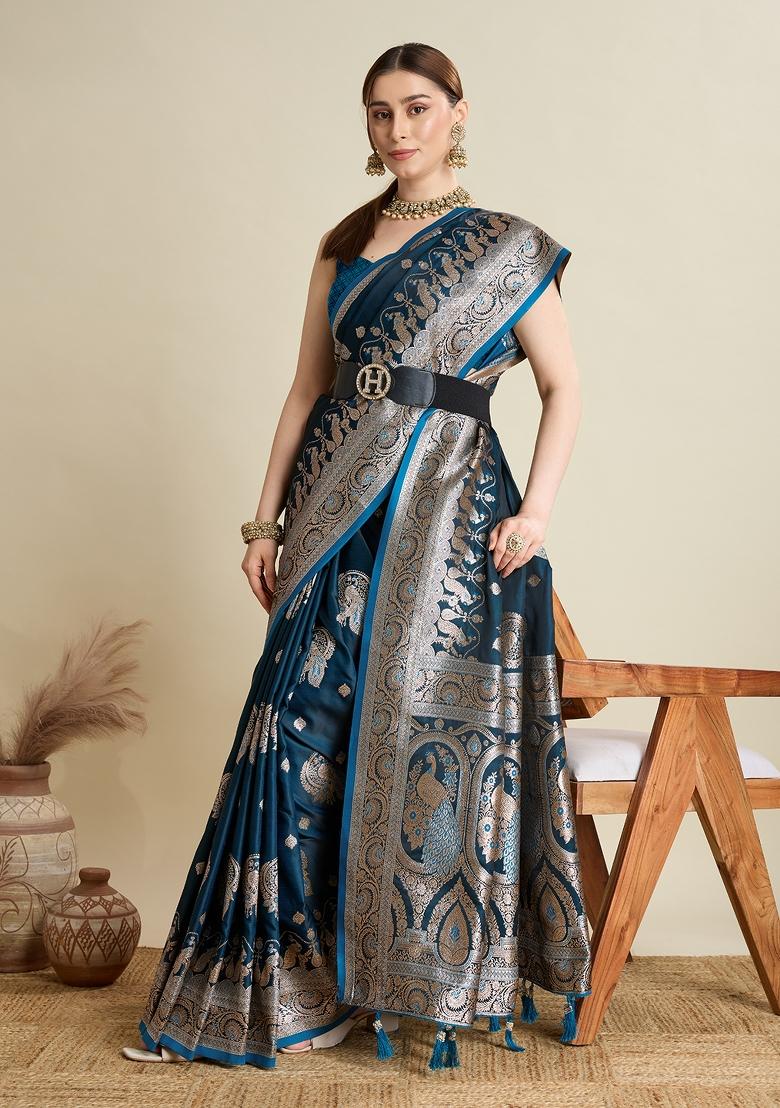 Teal Zari Work Silk Blend Saree Set - Indya