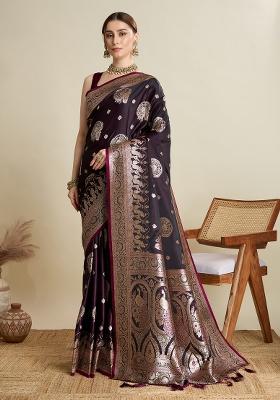 Wine Zari Work Silk Blend Saree Set