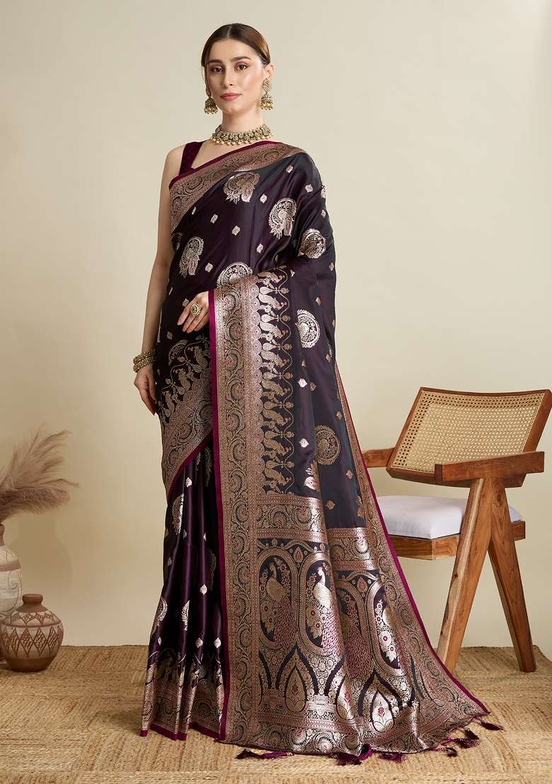 Wine Zari Work Silk Blend Saree Set for Diwali and Festive Wear - Indya