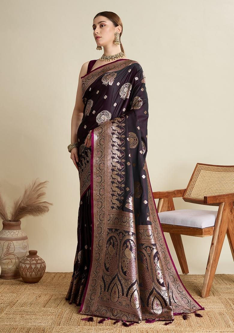 Wine Zari Work Silk Blend Saree Set - Indya