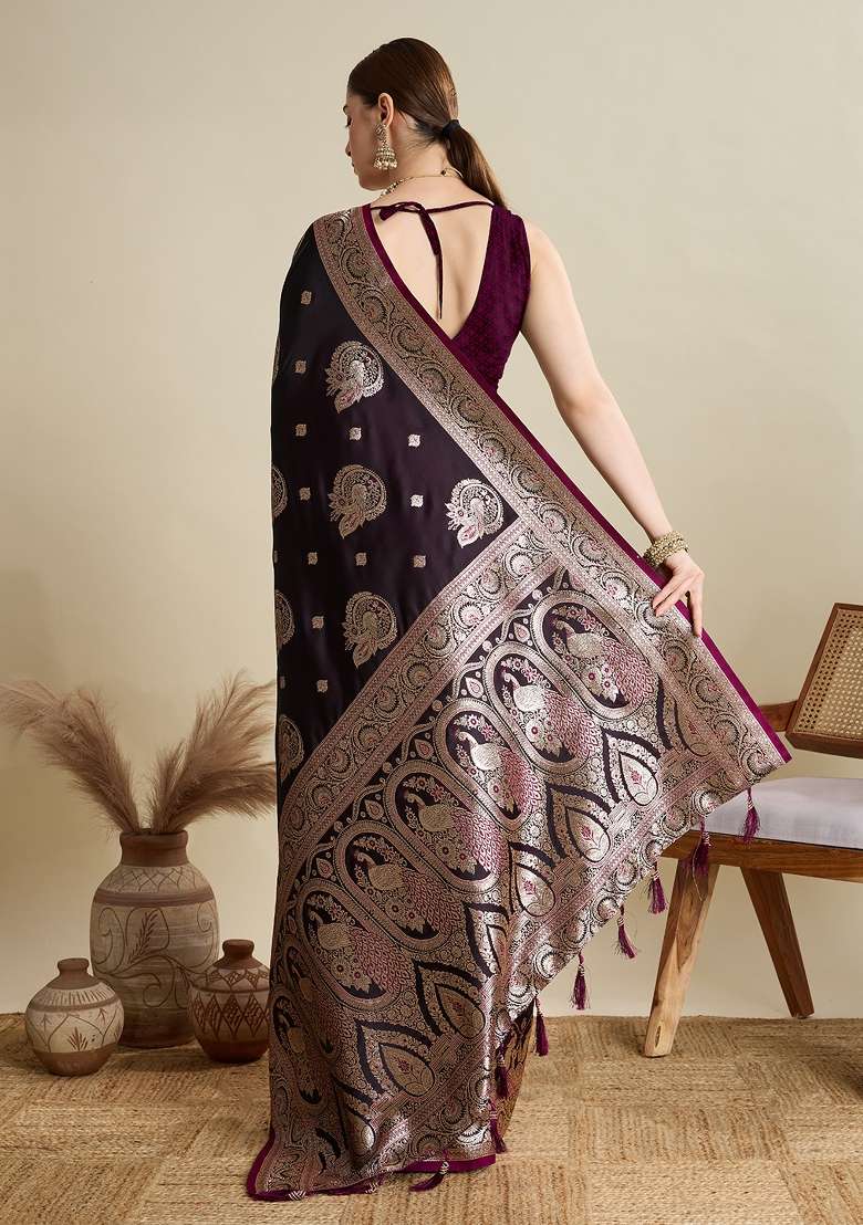Wine Zari Work Silk Blend Saree Set for Diwali and Festive Wear - Indya