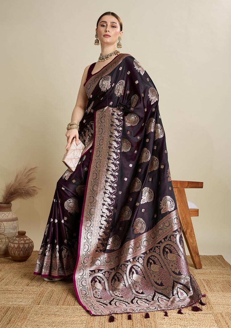 Wine Zari Work Silk Blend Saree Set - Indya