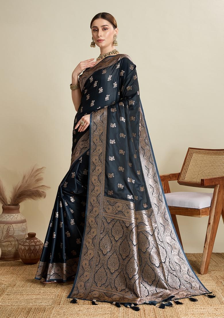 Black Zari Work Silk Blend Saree Set - Indya
