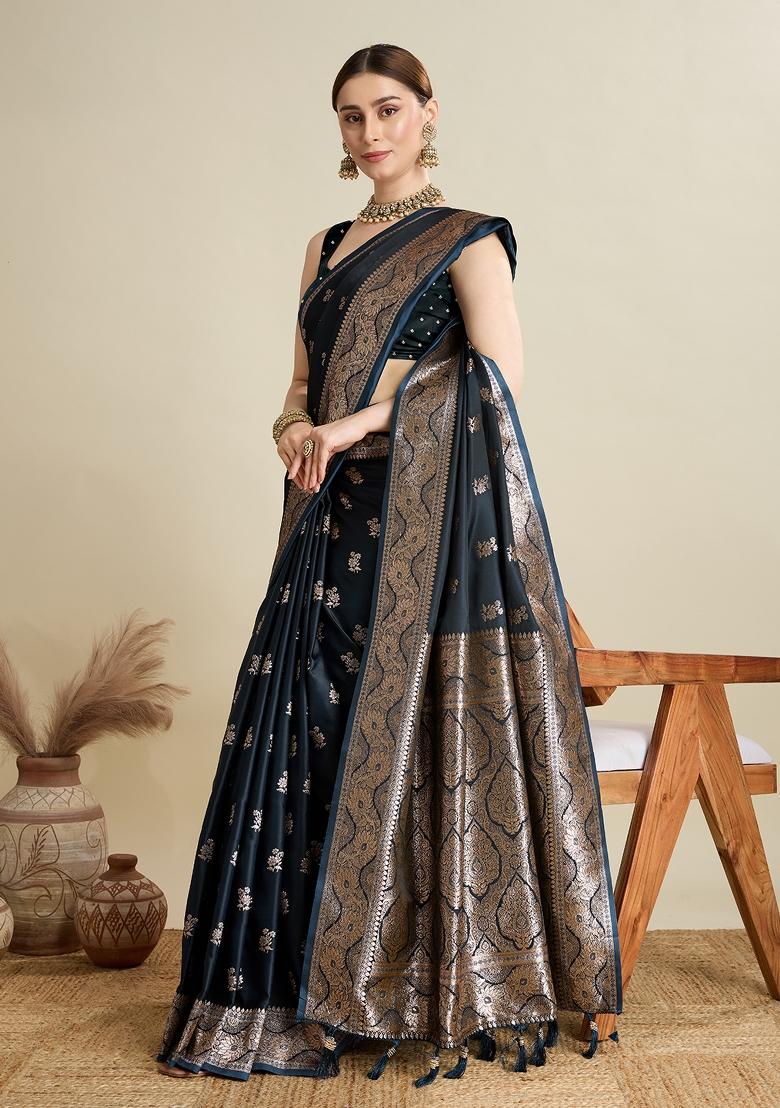 Black Zari Work Silk Blend Saree Set - Indya