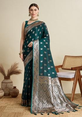 Green Zari Work Silk Blend Saree Set