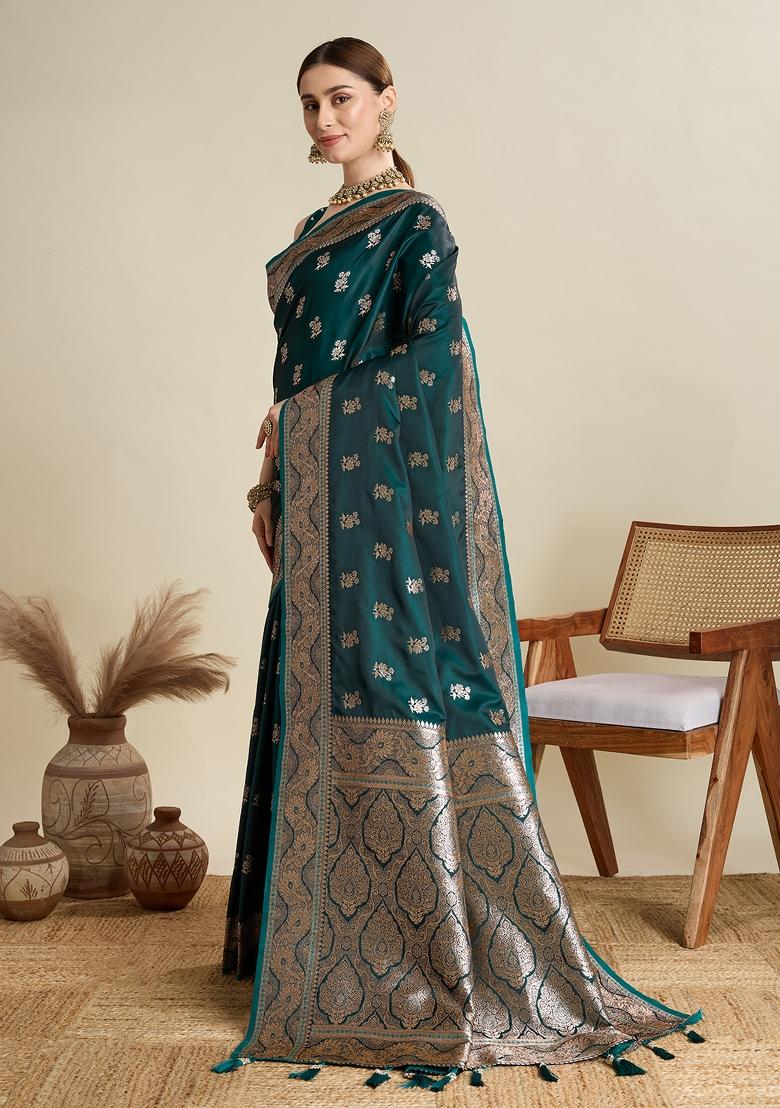 Green Zari Work Silk Blend Saree Set - Indya