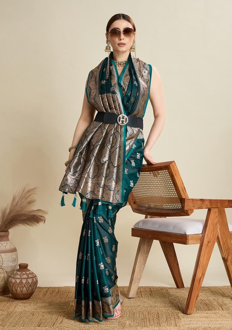 Green Zari Work Silk Blend Saree Set - Indya
