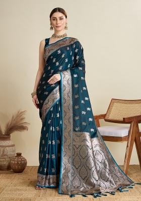 Teal Zari Work Silk Blend Saree Set