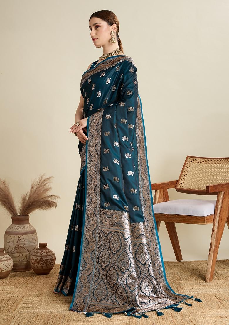 Teal Zari Work Silk Blend Saree Set - Indya