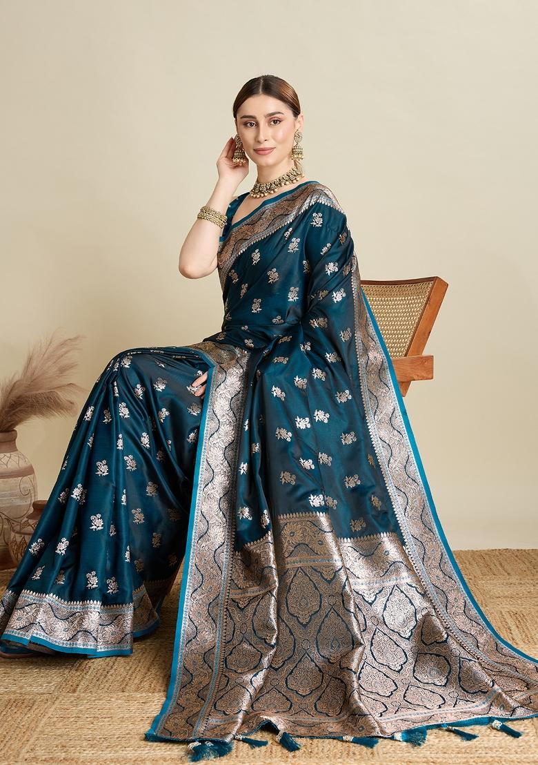 Teal Zari Work Silk Blend Saree Set - Indya