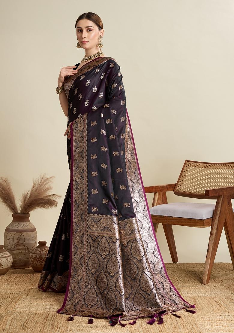 Wine Zari Work Silk Blend Saree Set - Indya