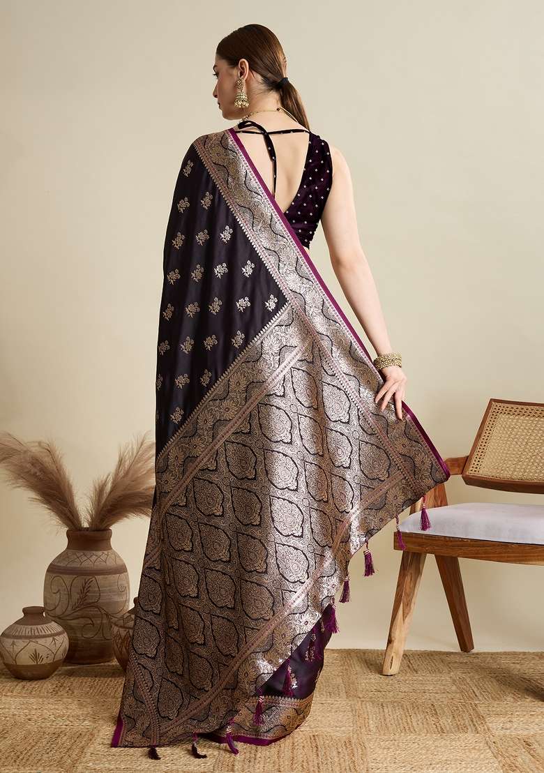 Wine Zari Work Silk Blend Saree Set for Diwali and Festive Wear - Indya