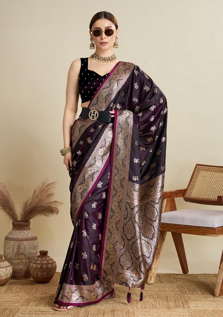 Wine Zari Work Silk Blend Saree Set - Indya