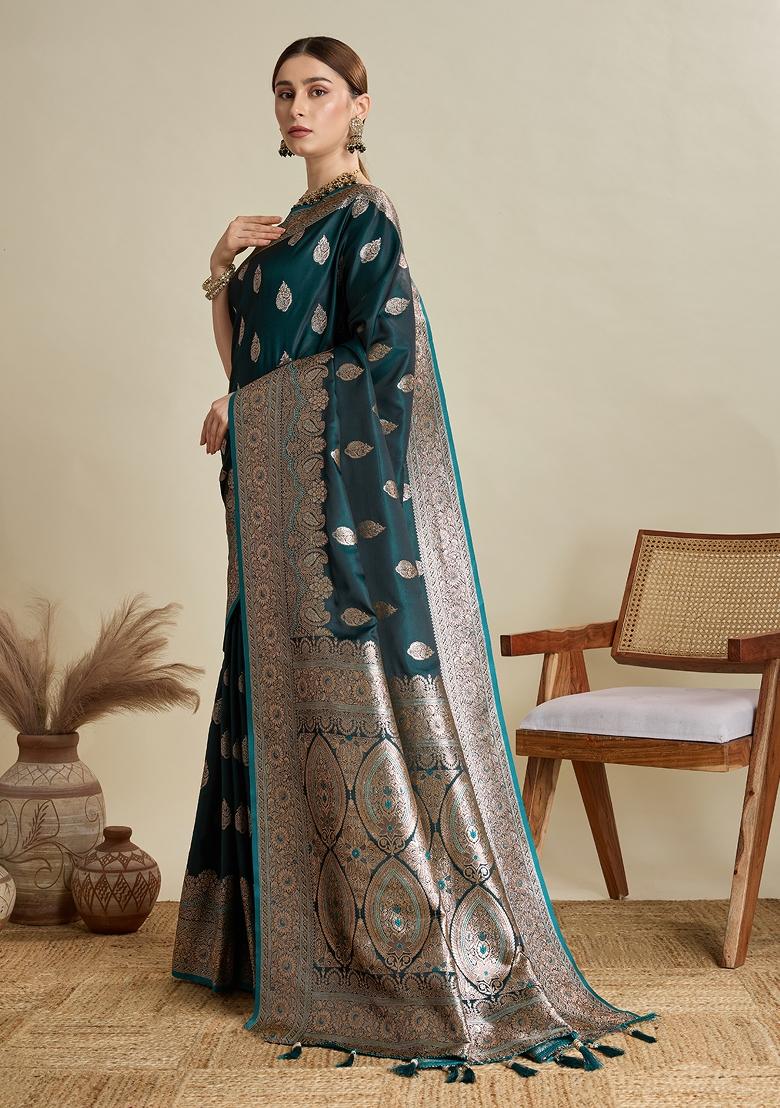 Green Zari Work Silk Blend Saree Set - Indya