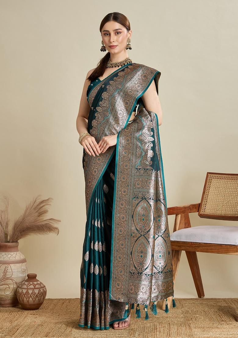 Green Zari Work Silk Blend Saree Set - Indya