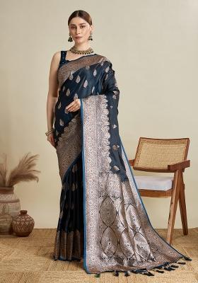 NavyBlue Zari Work Silk Blend Saree Set