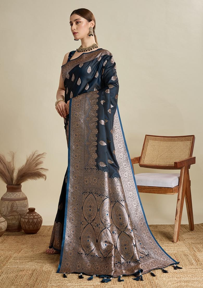 NavyBlue Zari Work Silk Blend Saree Set - Indya