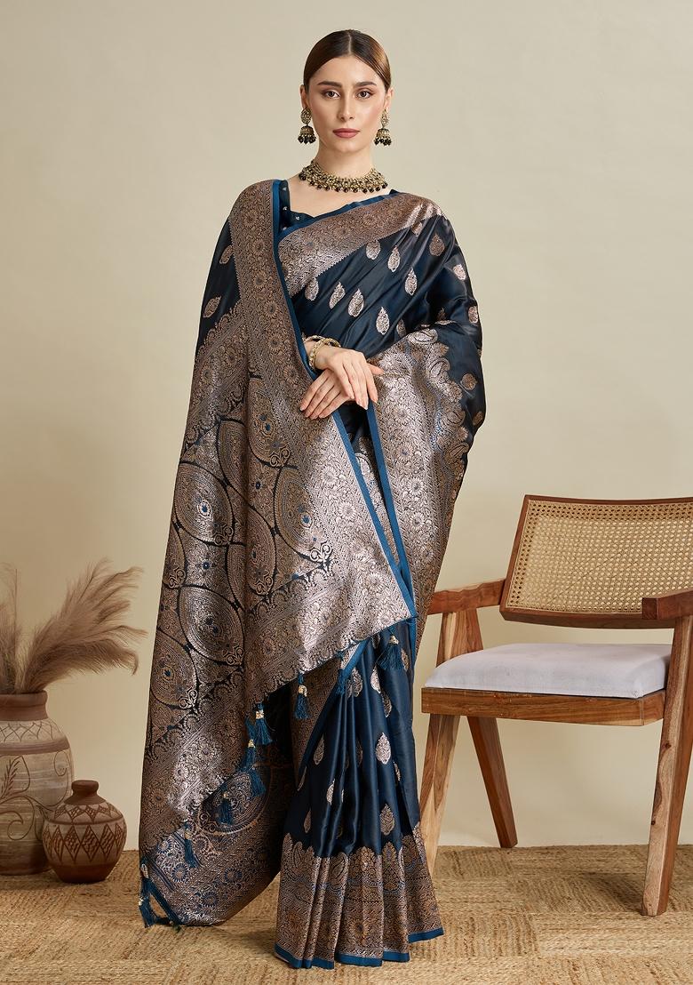 NavyBlue Zari Work Silk Blend Saree Set - Indya