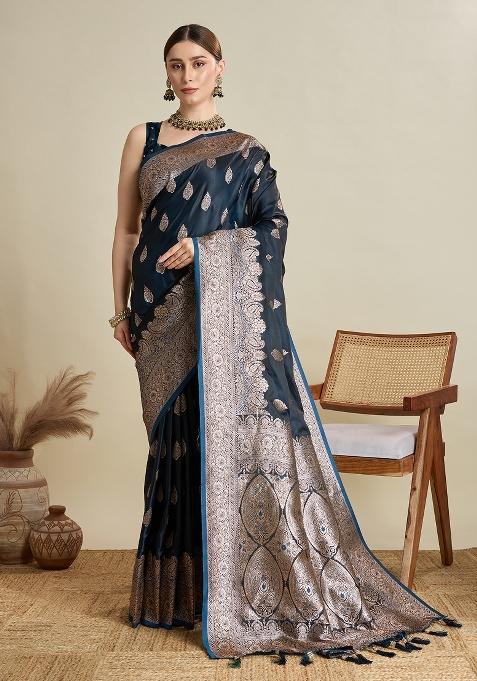 NavyBlue Zari Work Silk Blend Saree Set