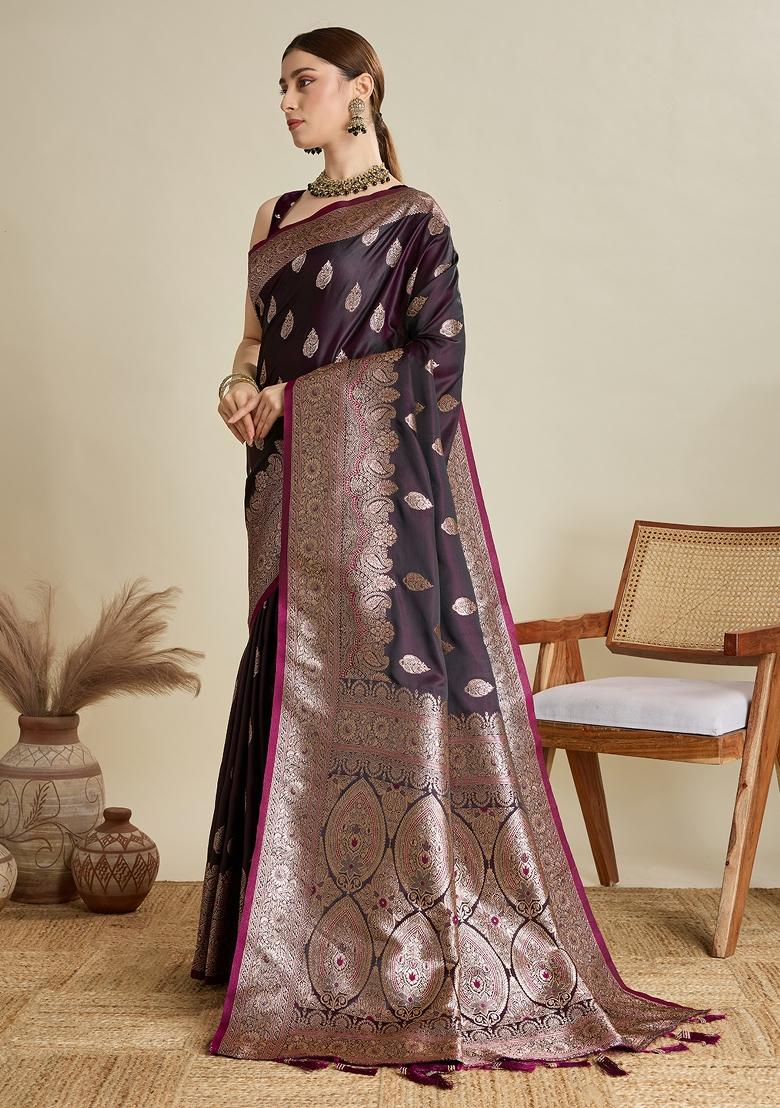 Purple Zari Work Silk Blend Saree Set - Indya
