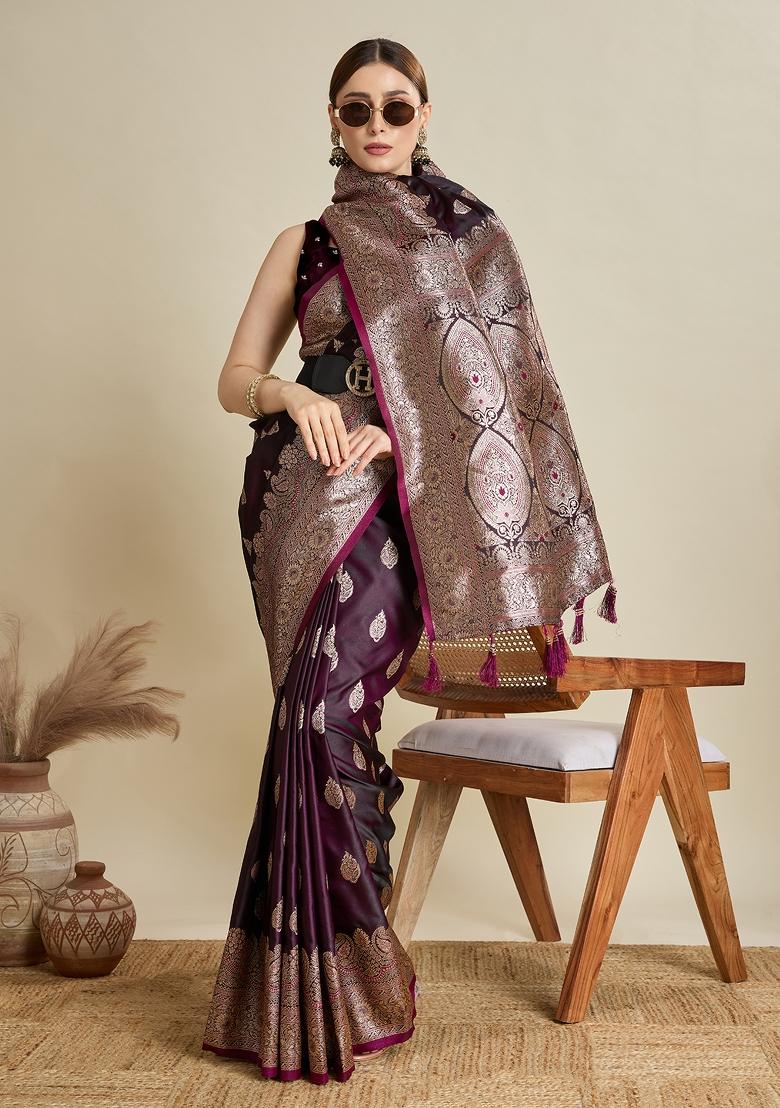 Purple Zari Work Silk Blend Saree Set - Indya