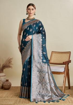 Teal Zari Work Silk Blend Saree Set