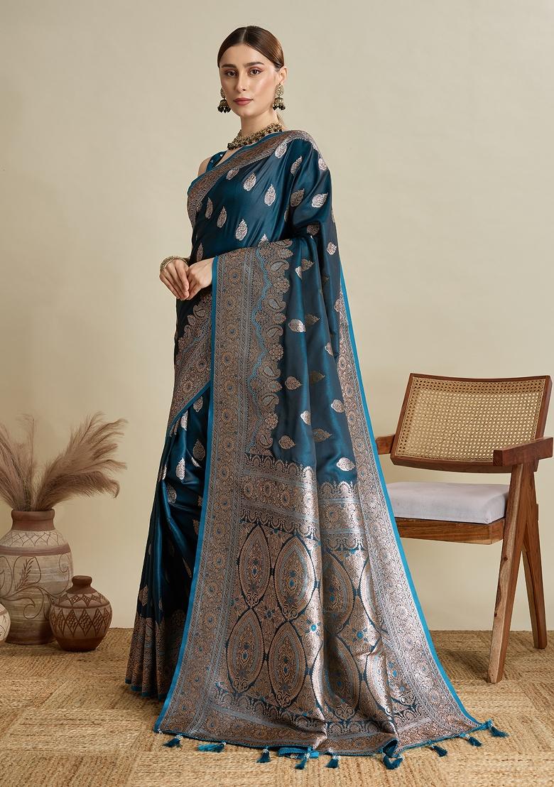 Teal Zari Work Silk Blend Saree Set - Indya