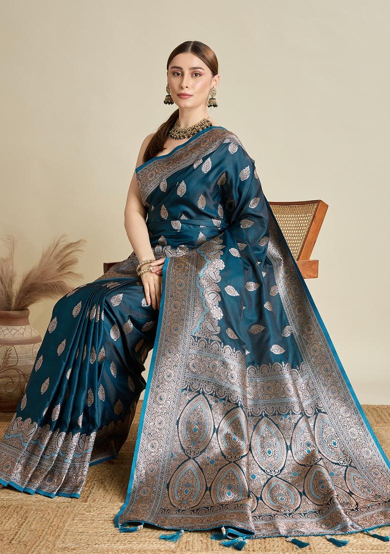 Teal Zari Work Silk Blend Saree Set - Indya