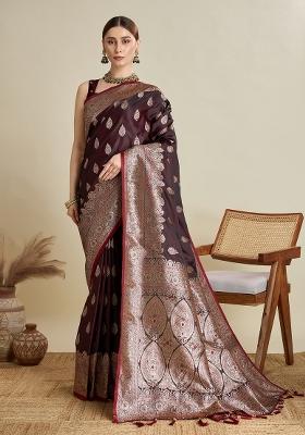 Wine Zari Work Silk Blend Saree Set