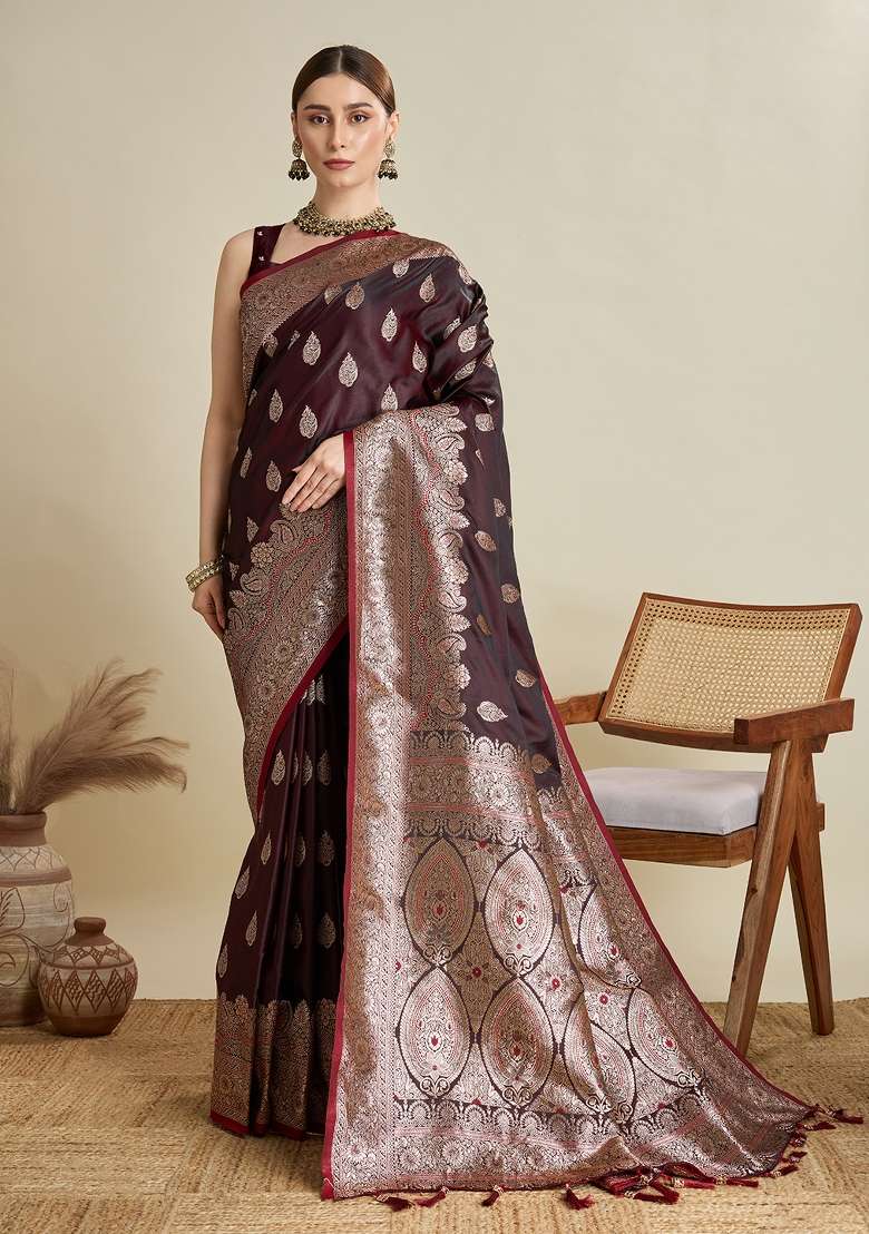 Wine Zari Work Silk Blend Saree Set for Diwali and Festive Wear - Indya