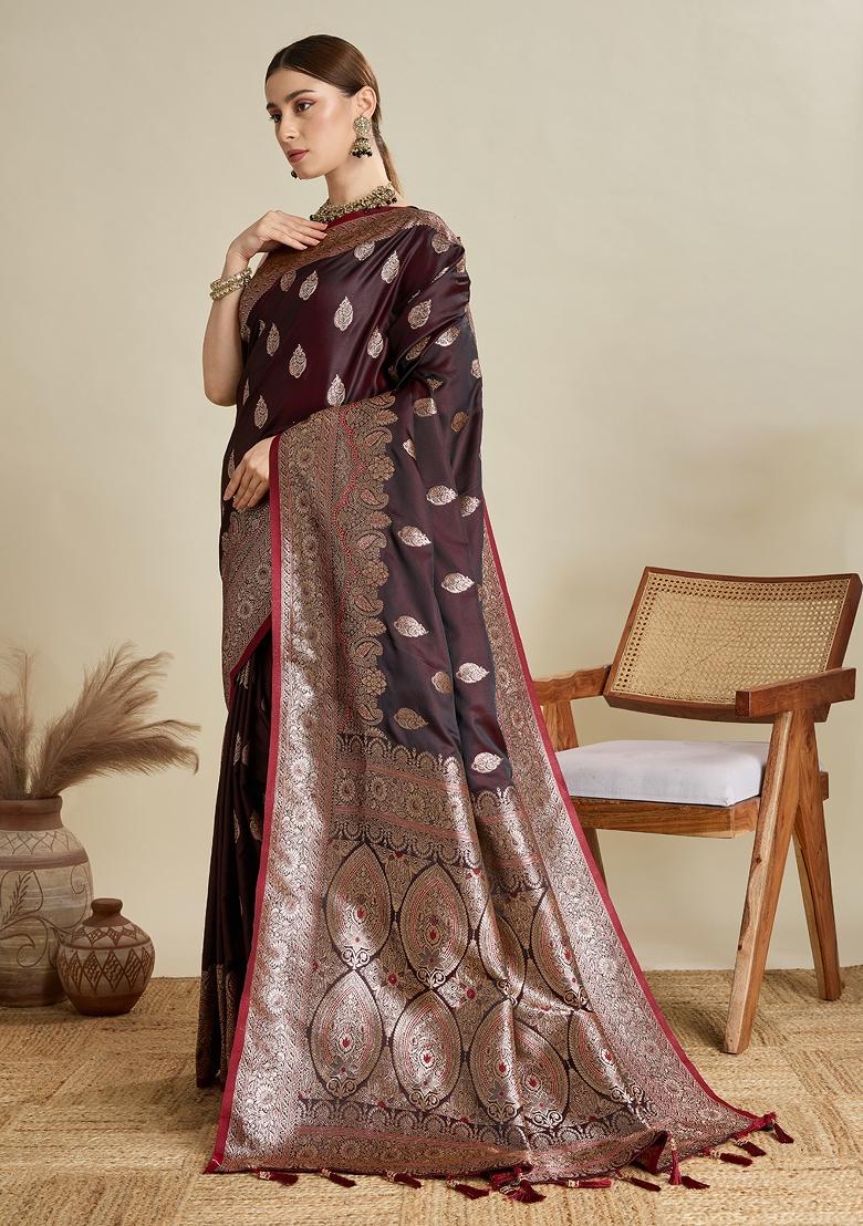 Wine Zari Work Silk Blend Saree Set - Indya