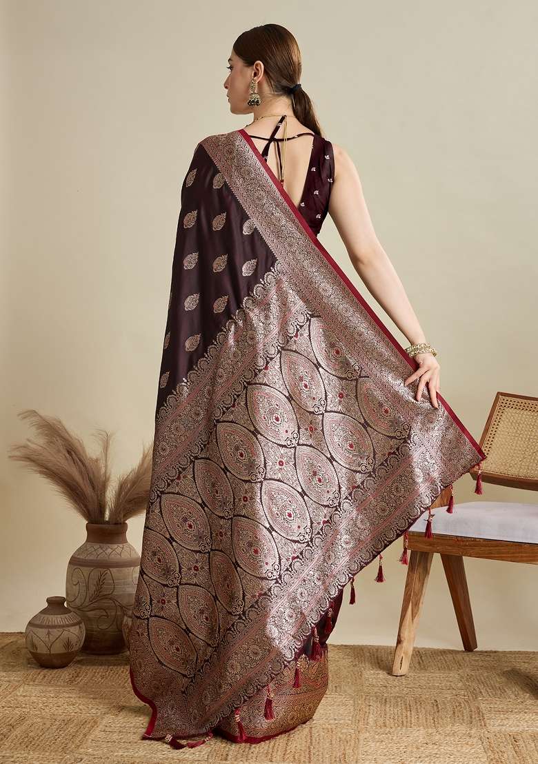 Wine Zari Work Silk Blend Saree Set for Diwali and Festive Wear - Indya