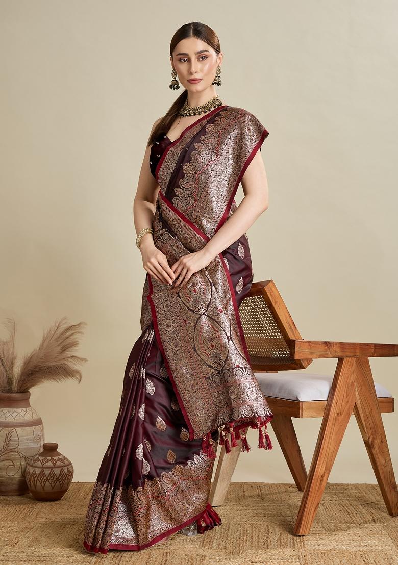 Wine Zari Work Silk Blend Saree Set - Indya