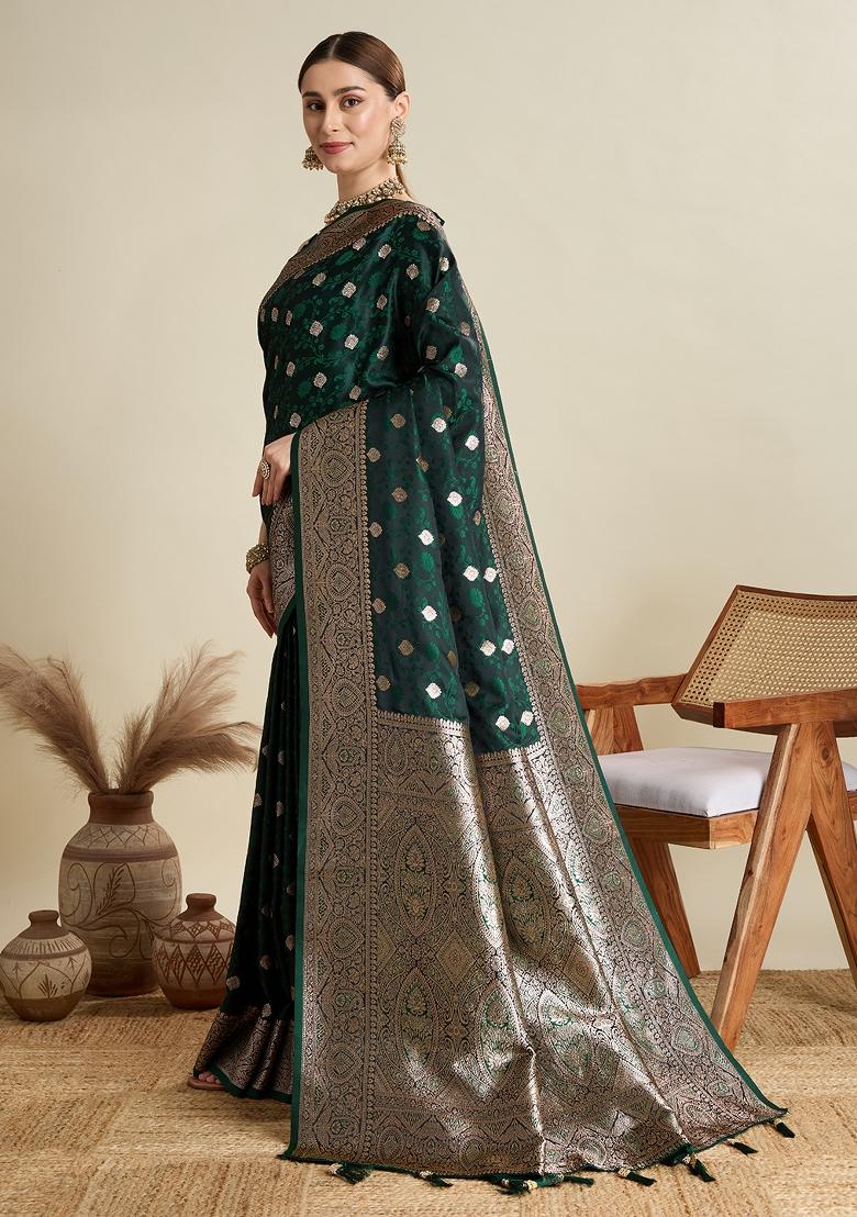 Green Zari Work Silk Blend Saree Set - Indya