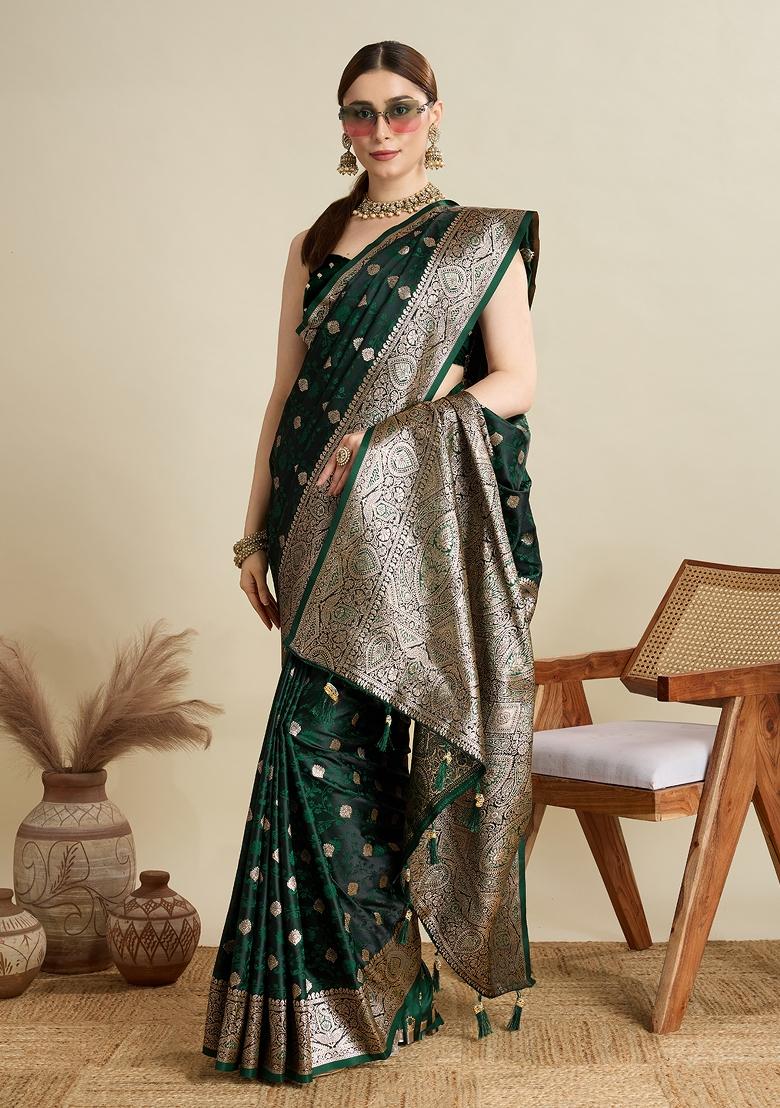 Green Zari Work Silk Blend Saree Set - Indya