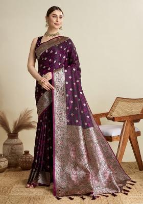 Purple Zari Work Silk Blend Saree Set