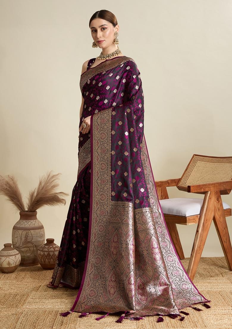 Purple Zari Work Silk Blend Saree Set - Indya
